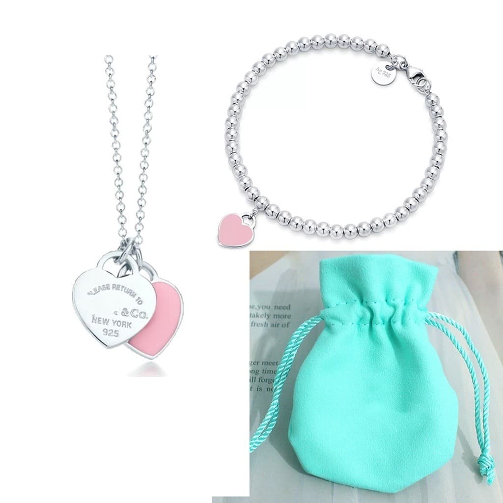 Conjunto De Colar E Pulseira T & Co Com Corrente De Coração Azul Em Prata 925 , Bolsa De Veludo