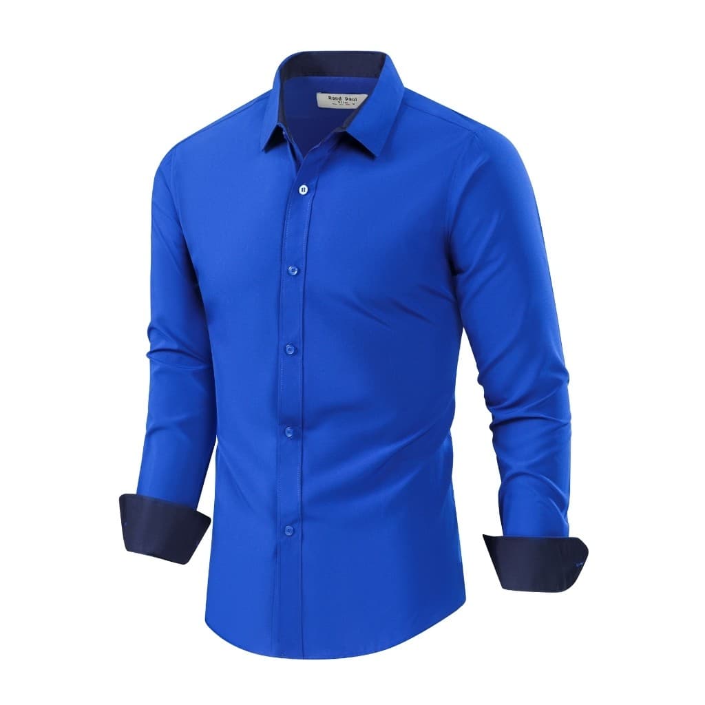 Camisa Social Masculina Slim Fit Manga Longa Fácil de Passar e Lavar, Não Desbota e com Punhos e Gola em Tom Escuro