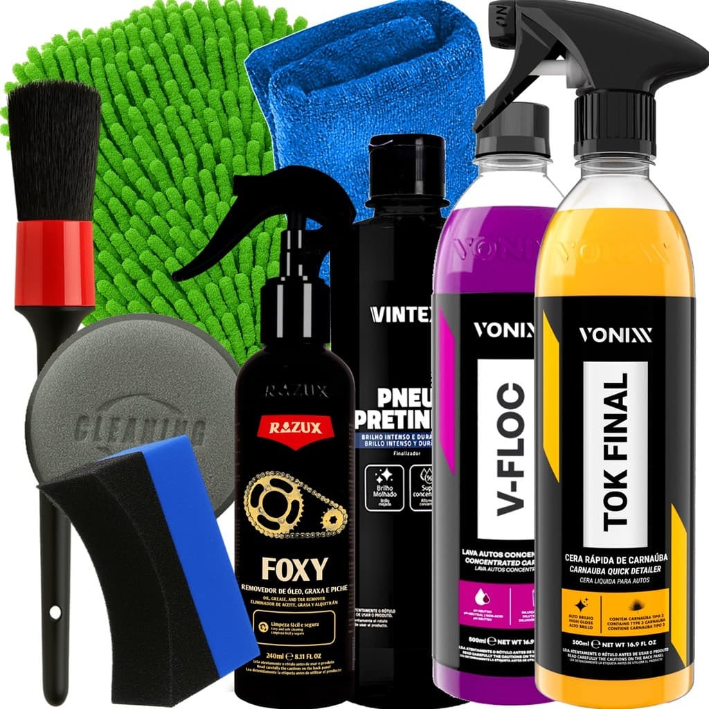Kit Completo V-Floc Vonixx Tok Final 500ml Vonixx Foxy 240ml Razux Pneu Pretinho 500ml Vintex Acessório Karbox