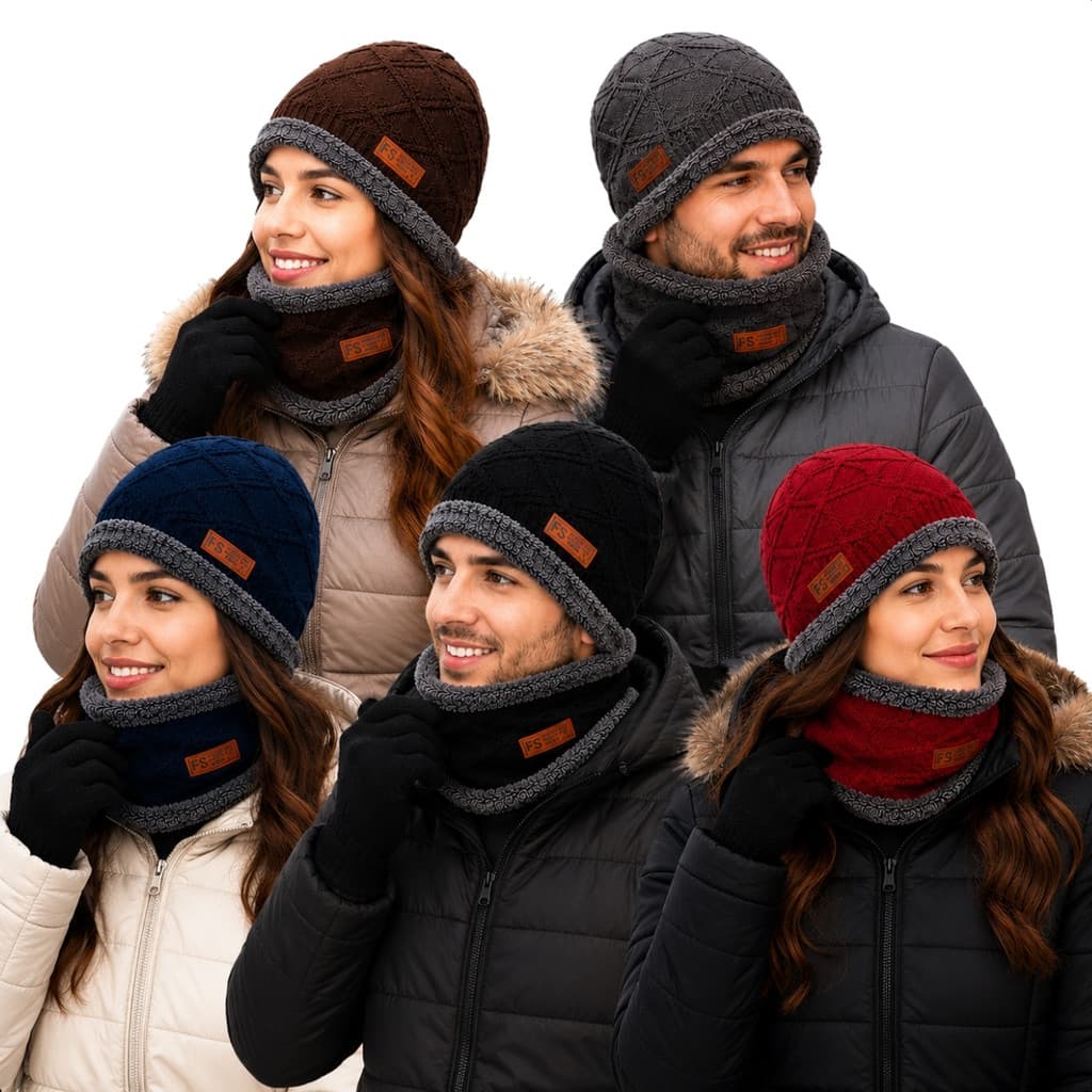Touca Gorro Cachecol e Luva de Lã Unissex Gola Forrada de Pelinho Inverno
