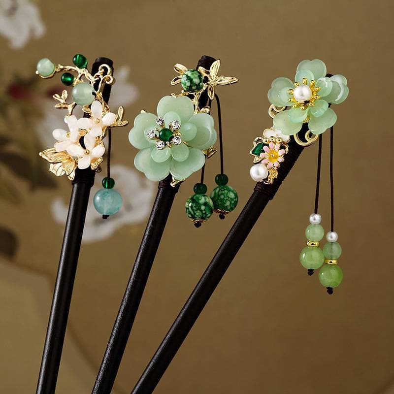 Estilo palácio imitação ébano hairpin estilo antigo Hanfu flor hairpin estilo chinês borla hairpin antigo traje enrolado