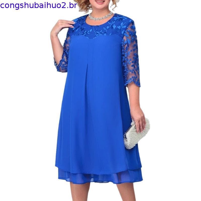 Vestido De Festa Feminino Bordado chiffon Retalhos Em Torno Do Pescoço Manga Cinco Quartos midi plus size