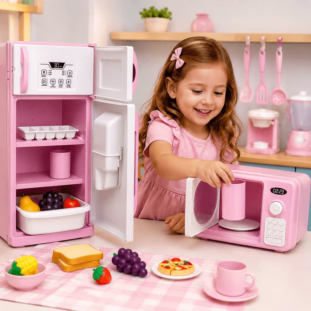 Geladeira E Micro-ondas Infantil Le Chef Rosa Cozinha De Brinquedo Faz De Conta