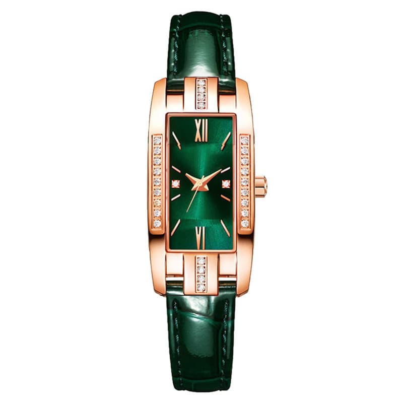 Relógio Pequeno Verde: Relógio feminino quadrado pequeno com detalhes de diamantes, popular entre influenciadores digita