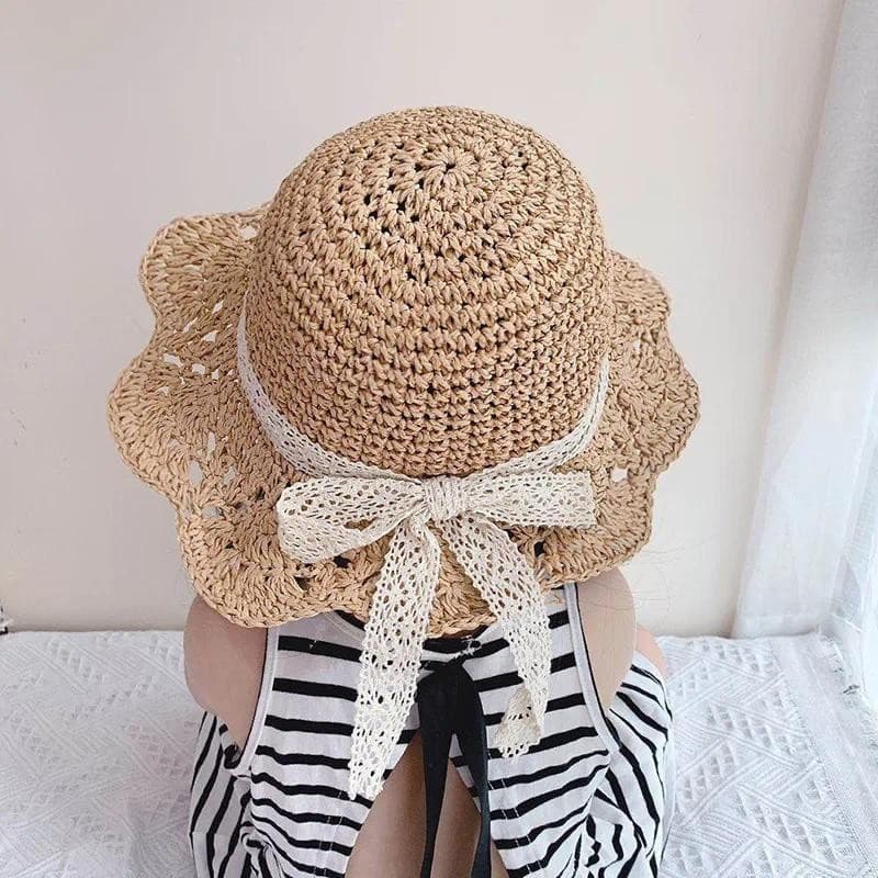 Moda Baby Petal Brim Chapéu De Palha Tecido Proteção Solar Boné De Renda Para Meninas Princesa Praia Gira Balde Infantil