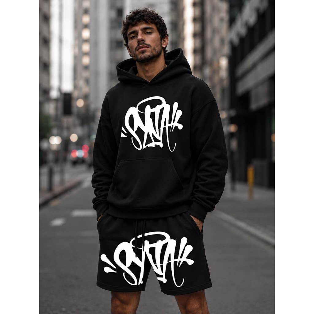 Conjunto Rap Hip Hop Y2k Syna World Vintage Black Orange Moletom e Bermuda Premium Tendência