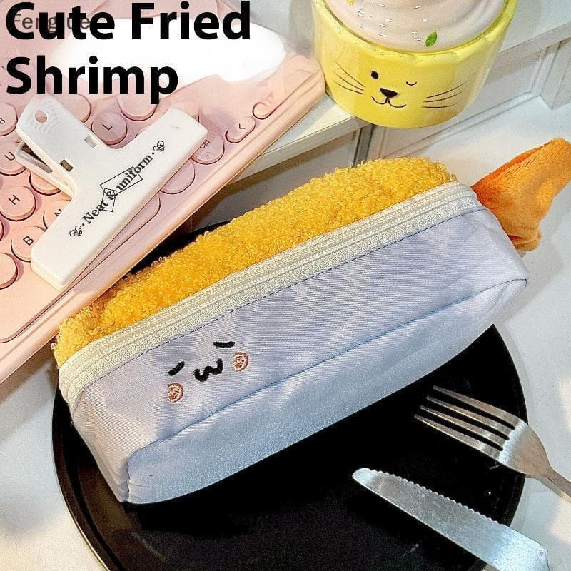 Fengjue Bonito Dos Desenhos Animados Camarão Frito Caneta De Pelúcia Saco Kawaii Grande Capacidade Zíper Macio Caso De A