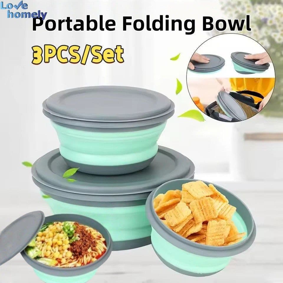 3 Pçs/Set Tigela Dobrável De Silicone Piquenique Portátil Inquebrável Lancheira Com Tampa Recipiente De Comida Para Sala