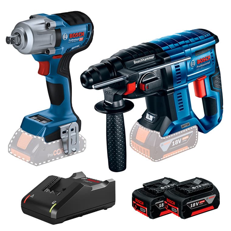 Kit Chave Impacto 1/2" GDS 18V-450 PC + Martelete Rotativo Rompedor GBH 180-LI + 2 Bateria 4Ah + Carregador Rápido Bosch