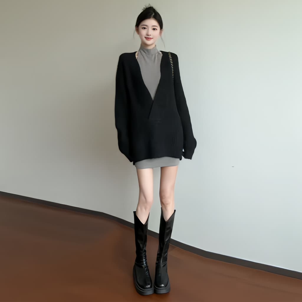 Elegante um conjunto inteiro ootd Wear preguiçoso chique Retro preto malhas colete saia terno de duas peças 2025 inverno