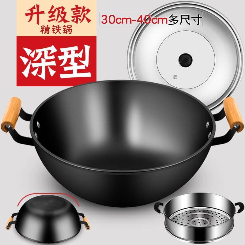 Panela de ferro grande à moda antiga com orelha dupla Wok Panela Fogão a lenha Doméstico Ferro fundido não revestido Fog