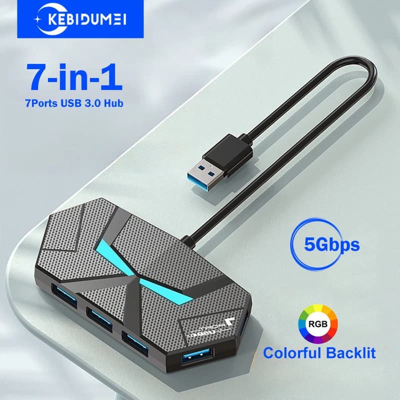 Hub USB 7 em 1, Hub USB 3.0 5Gbps, Estação de Acoplamento USB, Divisor Adaptador OTG com Porta de Alimentação TYPE