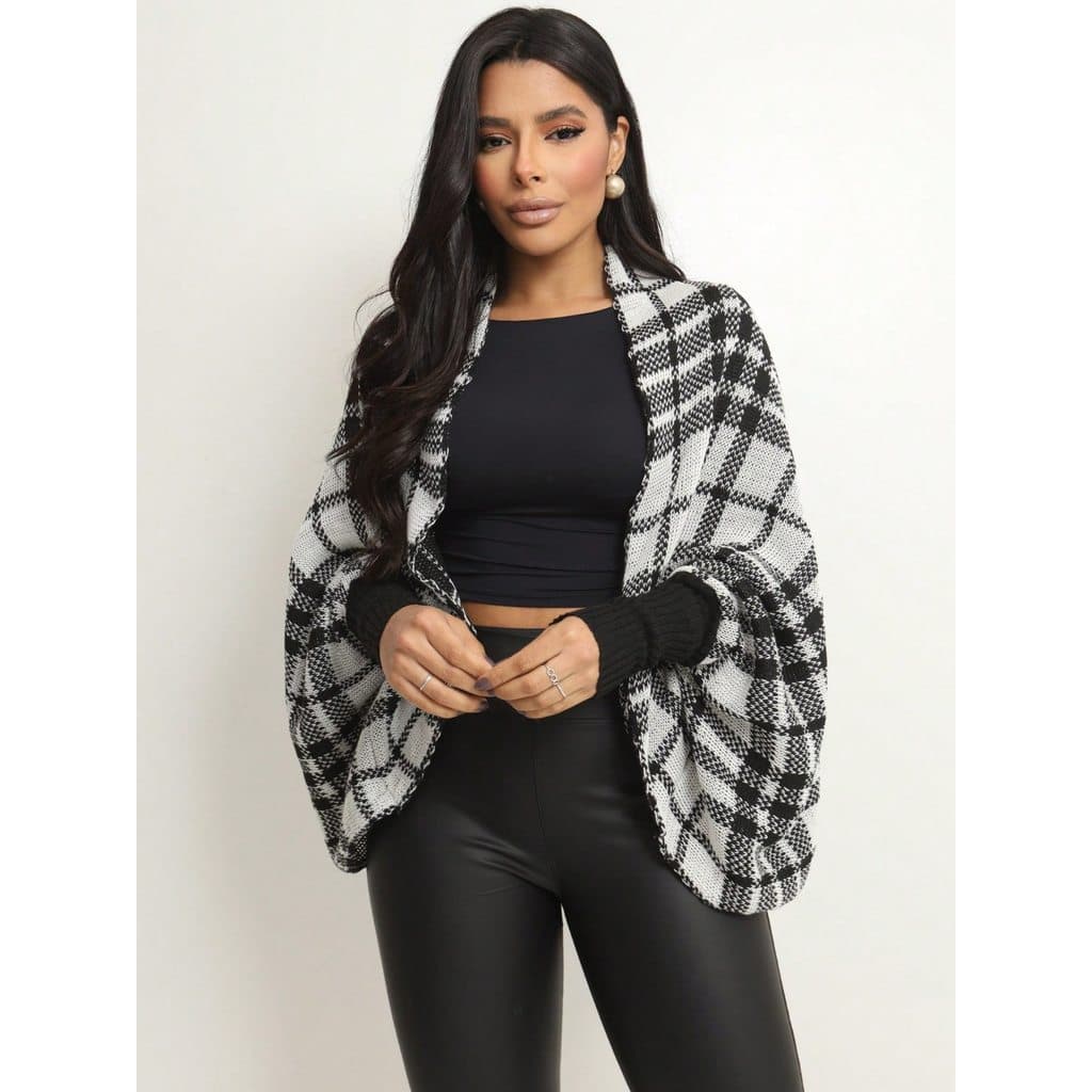 Cardigan Kimono Casulo aberto em malha Tricot Casaquinho Blusa Feminina Manga comprida Morcego aberta elegante xadrez