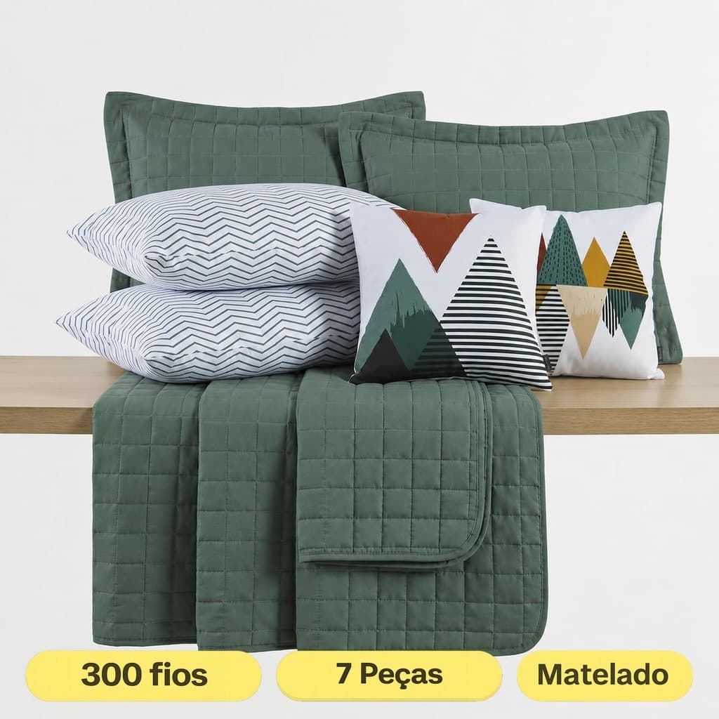 Kit Colcha Cobre Leito Basic 7 peças Estampado 300 Fios Matelado Quadrado com porta Travesseiro EDDI Casa