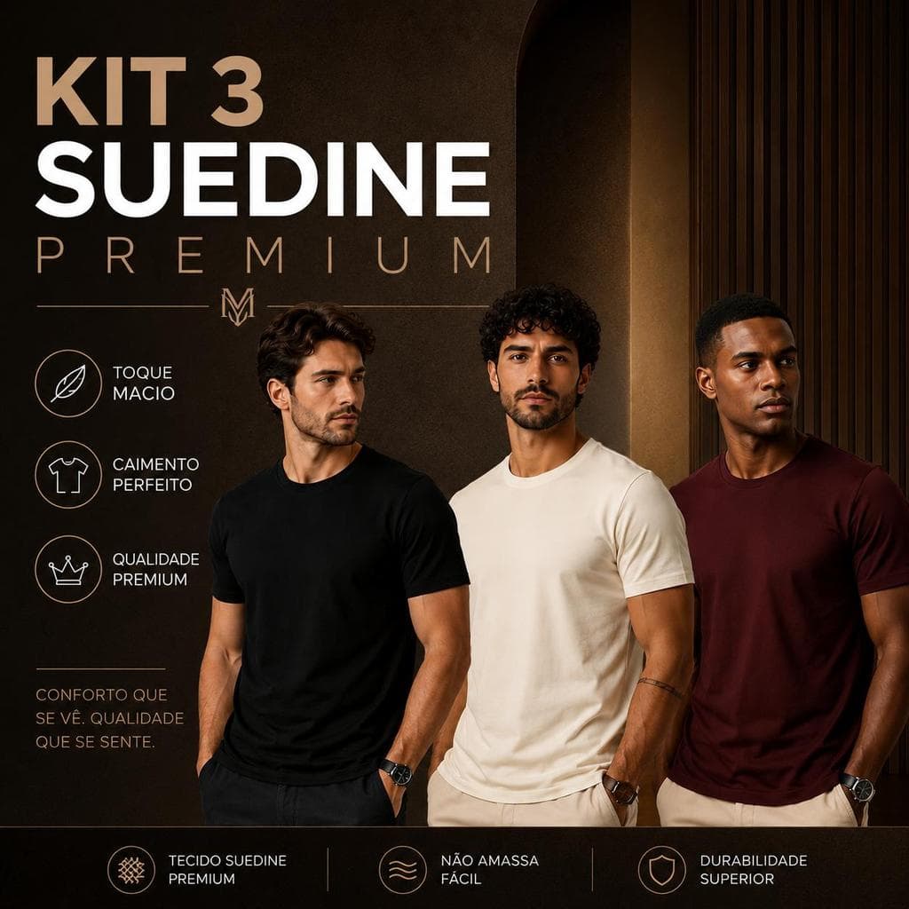 Kit 3 Camiseta Lançamento Masculina Suedine P ao G3 Plus Suedine Premium Toque Macio Alta Durabilidade