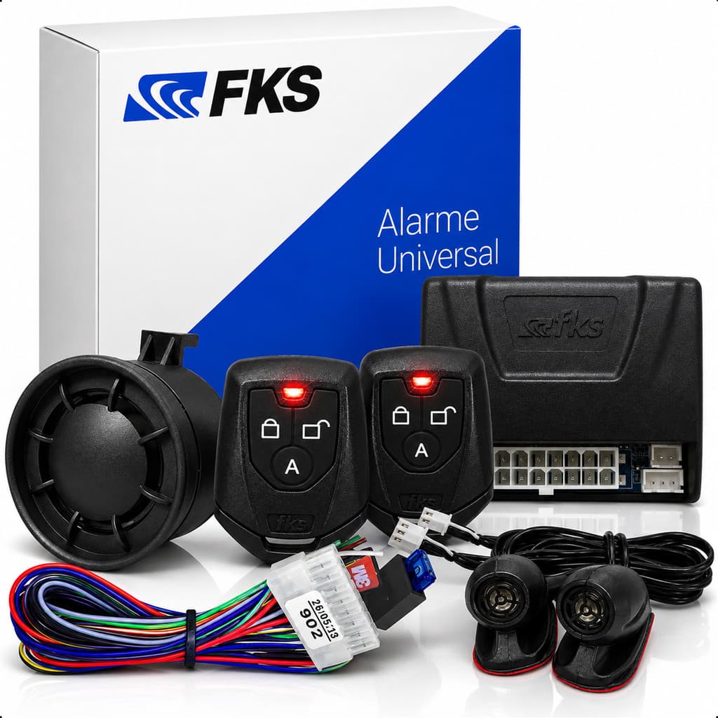 Alarme Veicular Automotivo Universal pra carro Fks Fk902SB Com Sirene Sensor 2 Controles Travamento