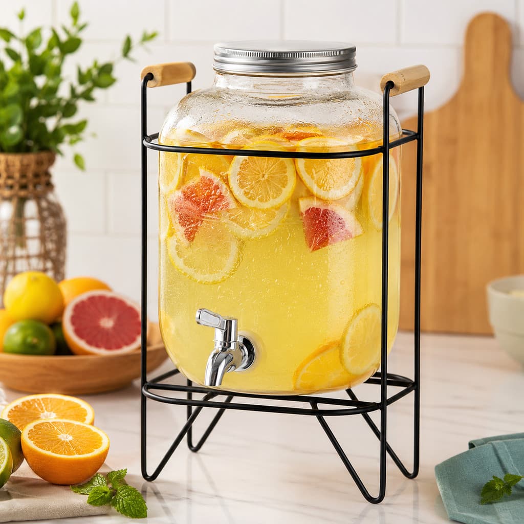 Suqueira De Vidro 5L Com Suporte Metal Torneira Para Bebidas Retro Água Suco Festa