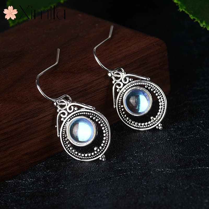 ❤ Original All-Match Retro lua orelha gancho Natural Moonstone brincos de prata feminino moda jóias
