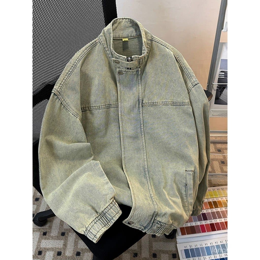 Jaqueta jeans de lama amarela masculina primavera outono Street Wear estilo americano lavado angustiado topo solto gola