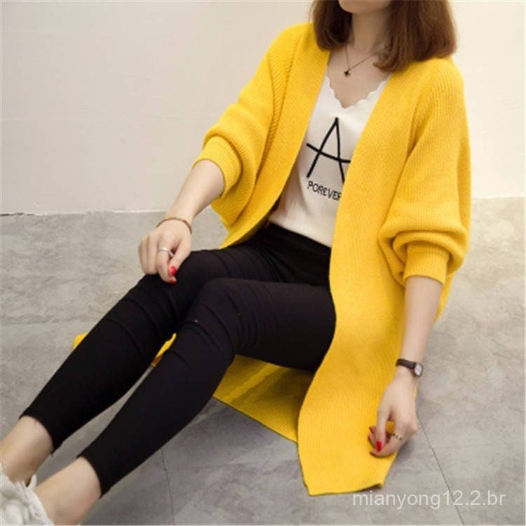 Outono inverno Plus Size versão coreana feminina comprimento médio boneca manga de malha Cardigan feminino jaqueta solta