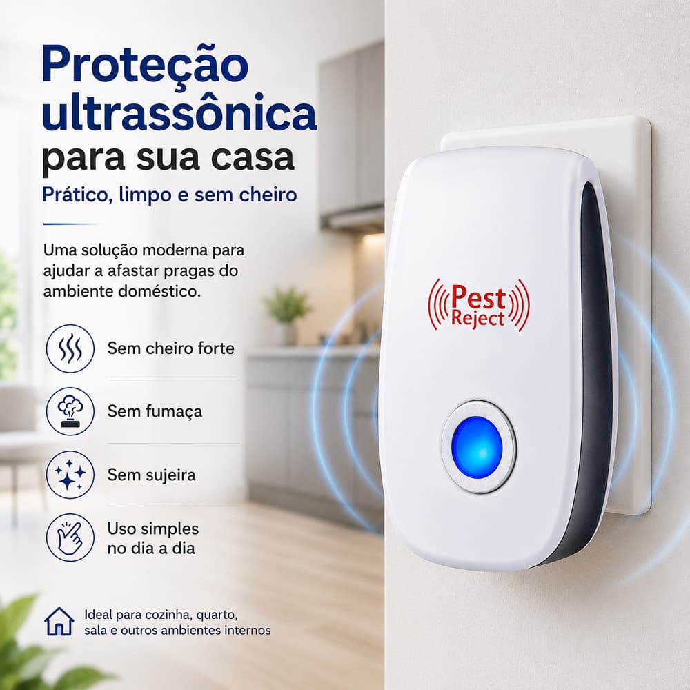 Repelente Ultrassônico Pest Reject Eletrônico de Tomada com Indicador LED Azul Modelo Compacto para Ambientes Internos