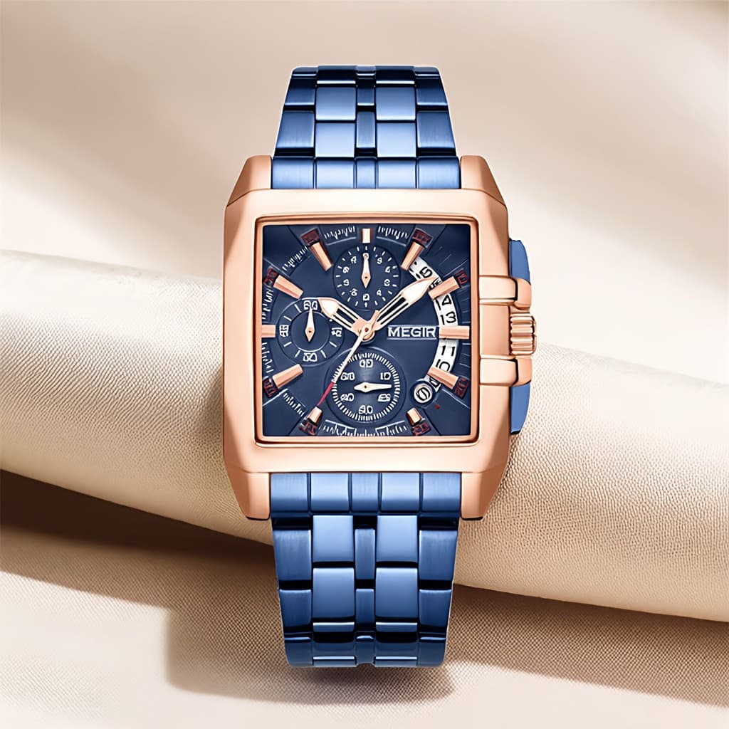 MEGIR Megel Masculino Moda Moda Exclusiva Mostrador Quadrado Banda de Aço Multi-Função Cronógrafo Luminoso Relógio de Qu