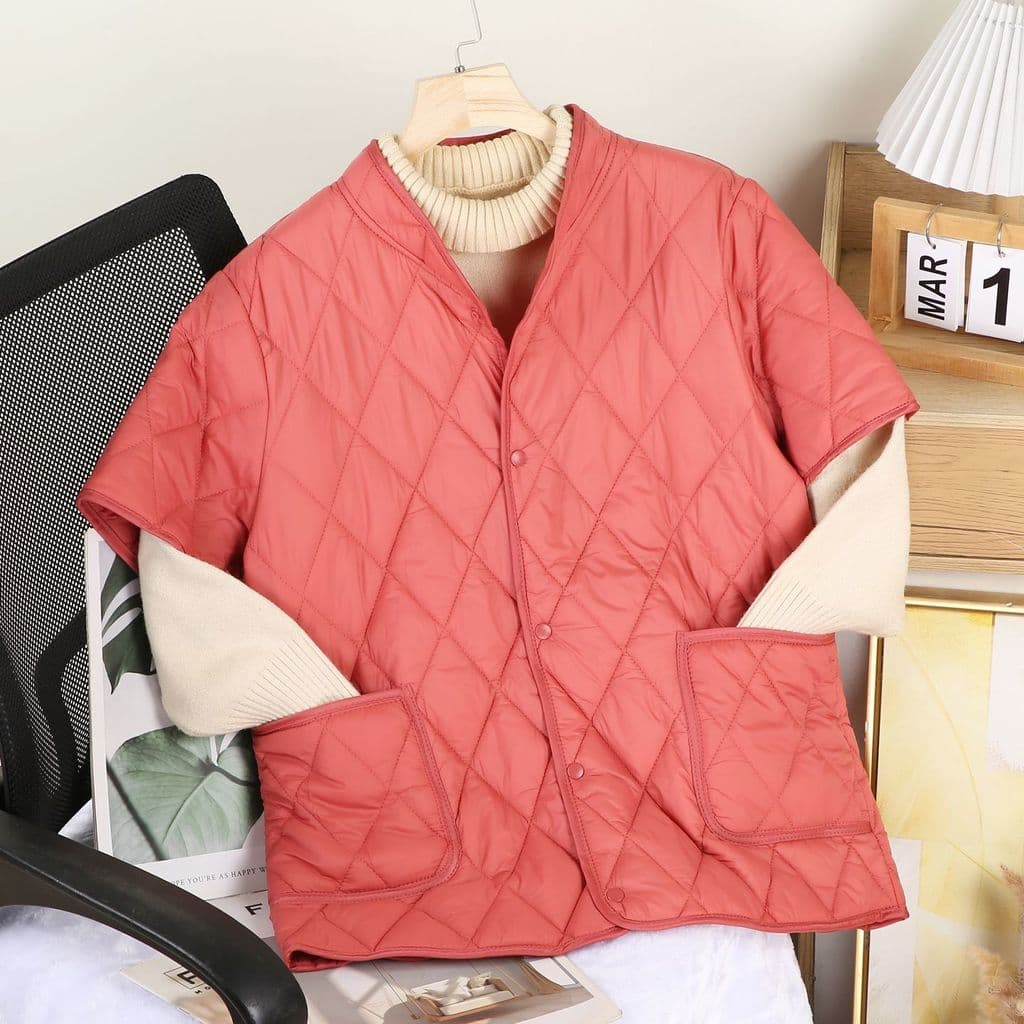 Rhombus gola alta de manga curta jaqueta acolchoada de algodão botão outono inverno colete feminino novo estilo colete q