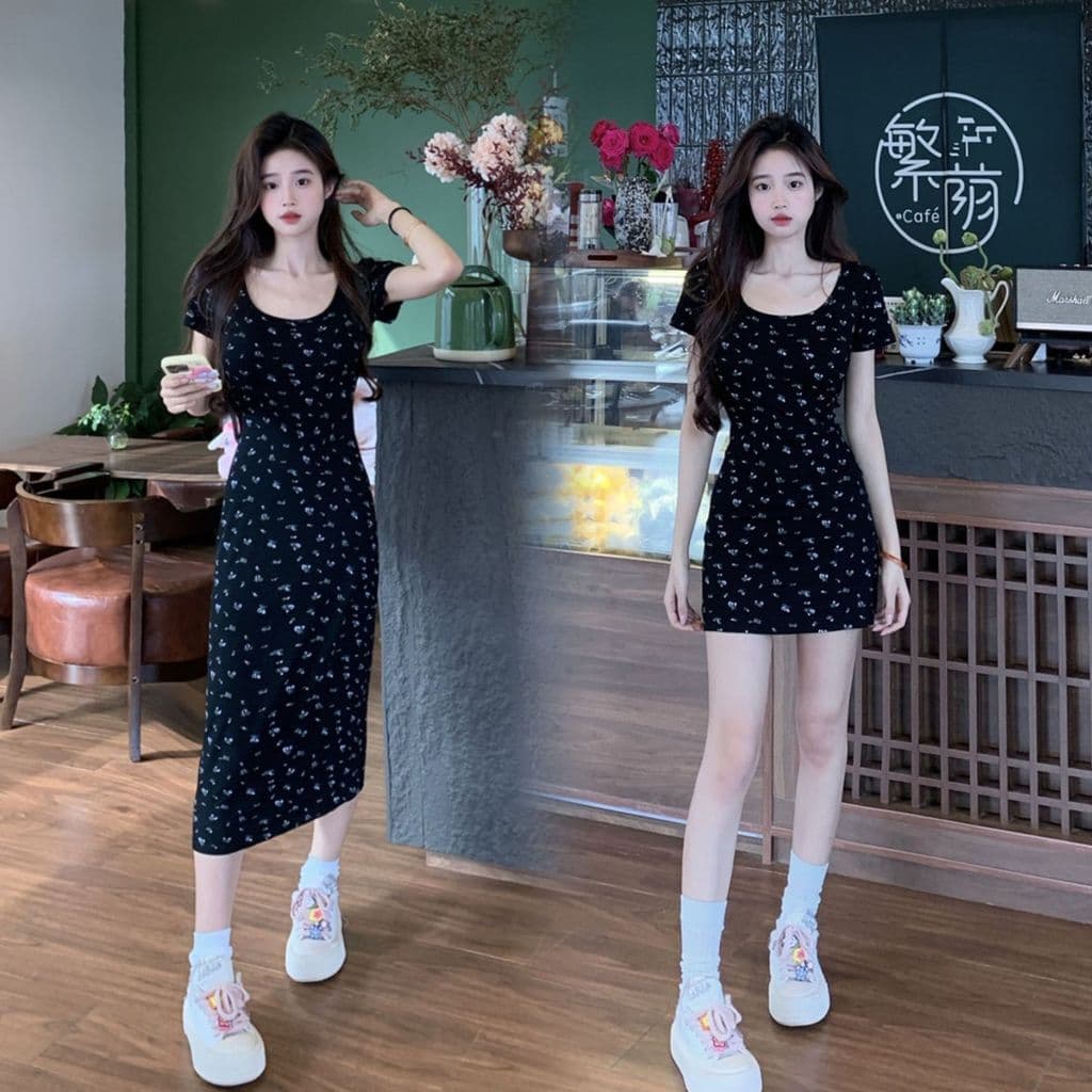 Francês doce quente menina Floral de manga curta vestido de malha feminino verão High-End saia longa cintura estreita ma