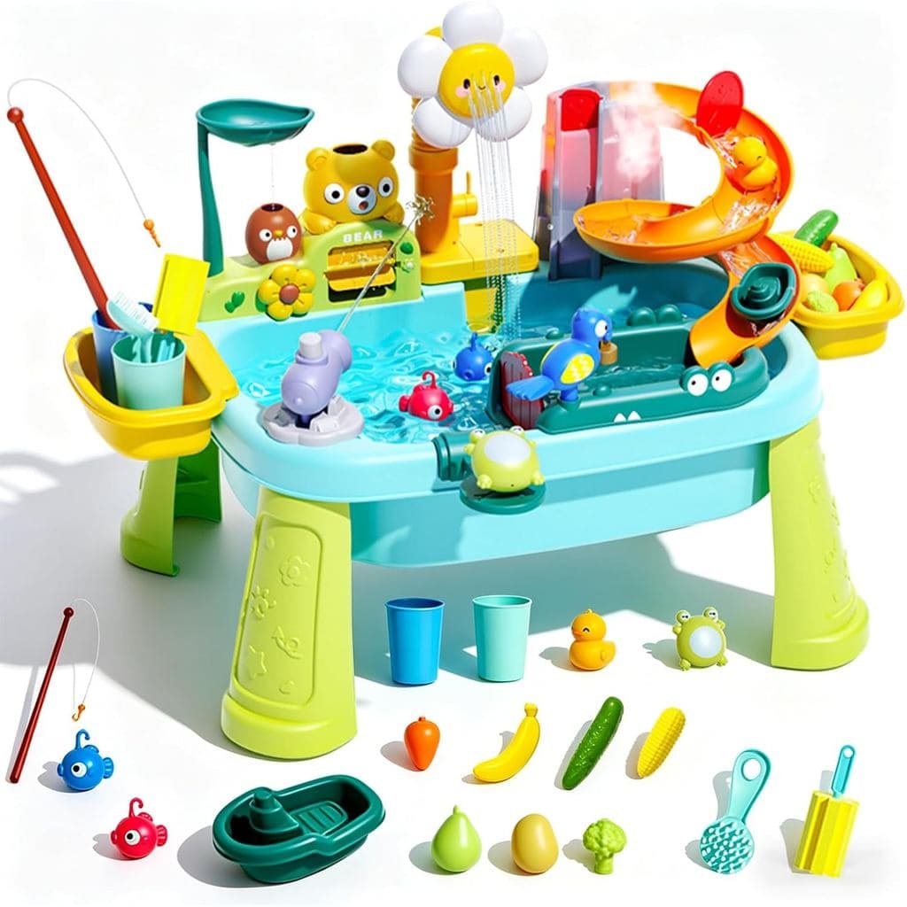 Mesa de água 5 em 1 para crianças de 1 a 3 anos, pia de brincar com água corrente, mesa sensorial infantil com bomba elé