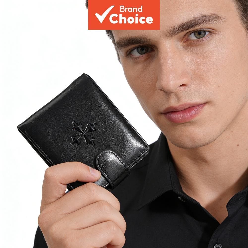 Baellerry Carteira Masculina Dobrável em Couro PU Retrô com Botão de Pressão, Porta-cartões, Suporte para Identidade e