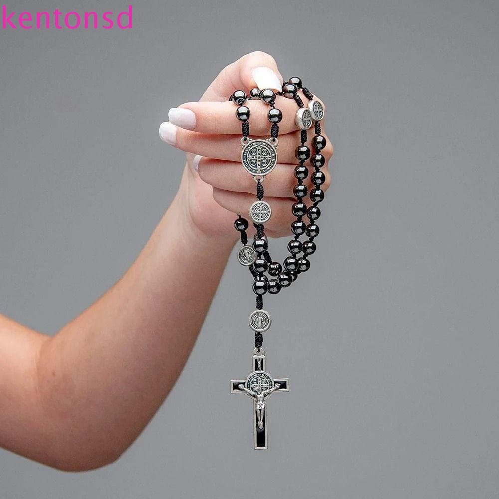 Colar de Contas KENTONSD, Rosário Religioso Feito à Mão, Colar com Pingente de Cruz Católica TLFO
