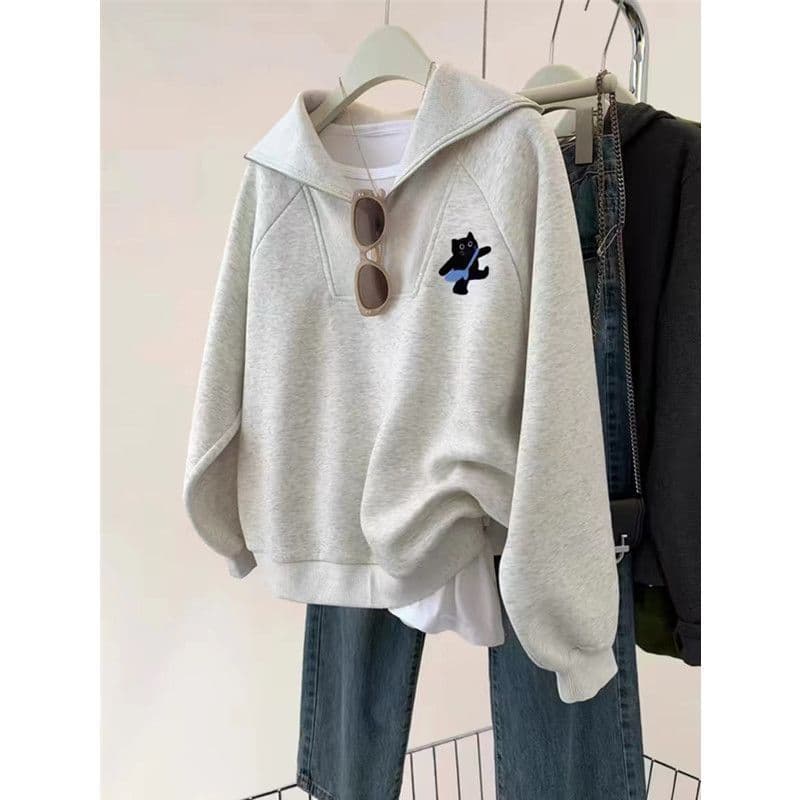 Cinza meio zíper lapela engrossado moletom feminino outono inverno novo estilo preguiçoso jaqueta topo feminino