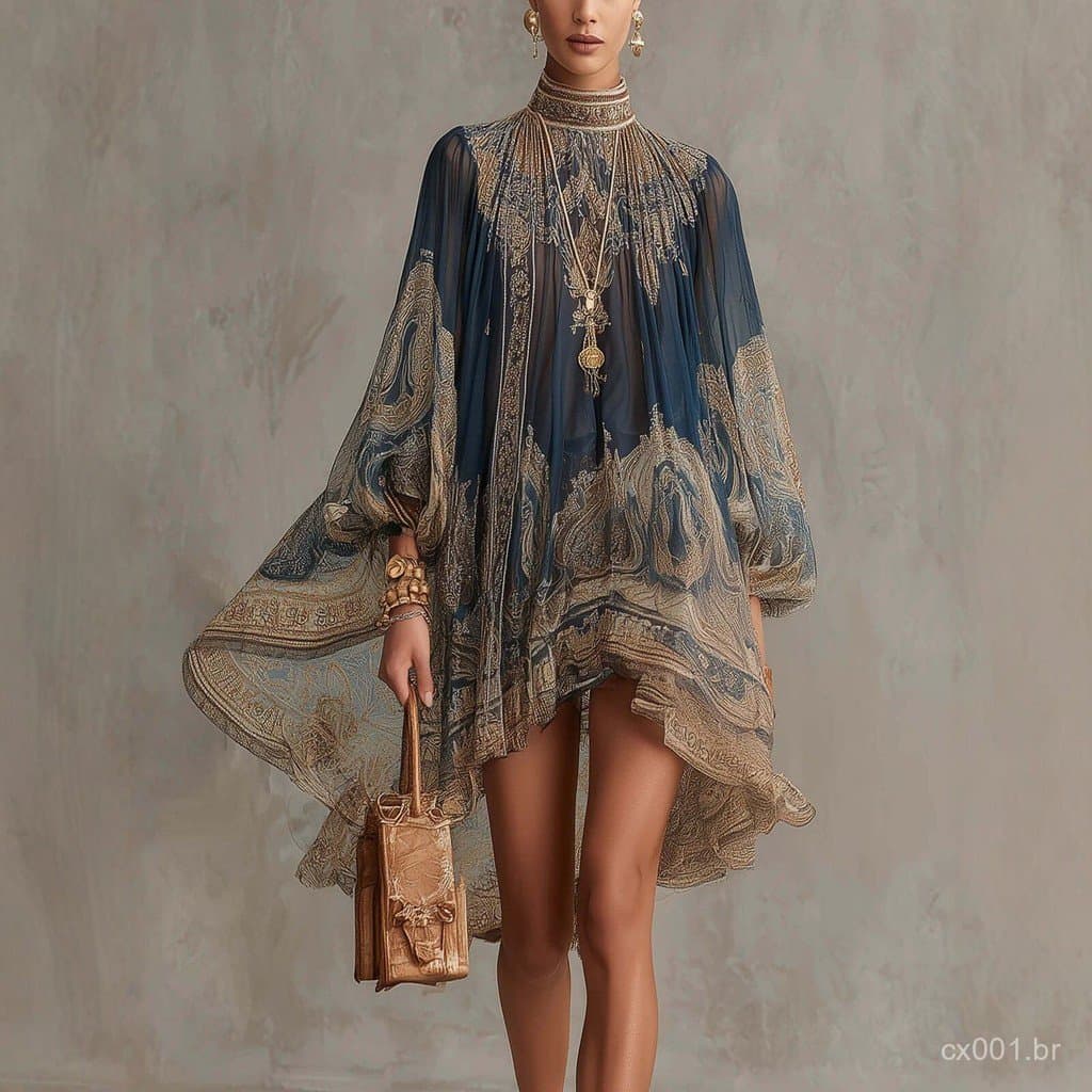 Vestido De Chiffon Estampado Com Gola Alta Solto Estilo Férias Xale Saia Feminina De Manga Comprida