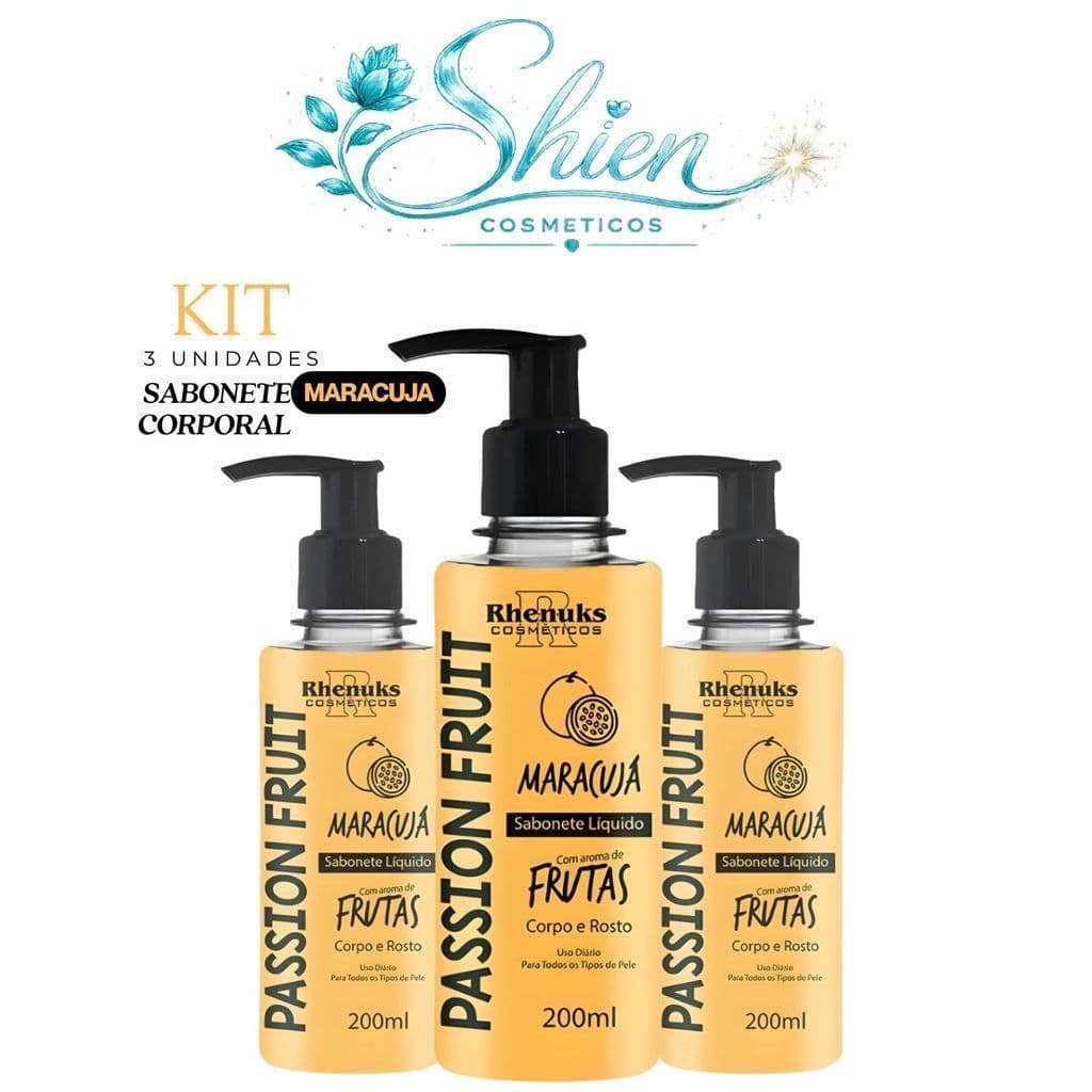 Kit 03 Sabonete Liquido Frutas Corpo e Rosto Maracuja 200ml Rhenuks (Afilhado)