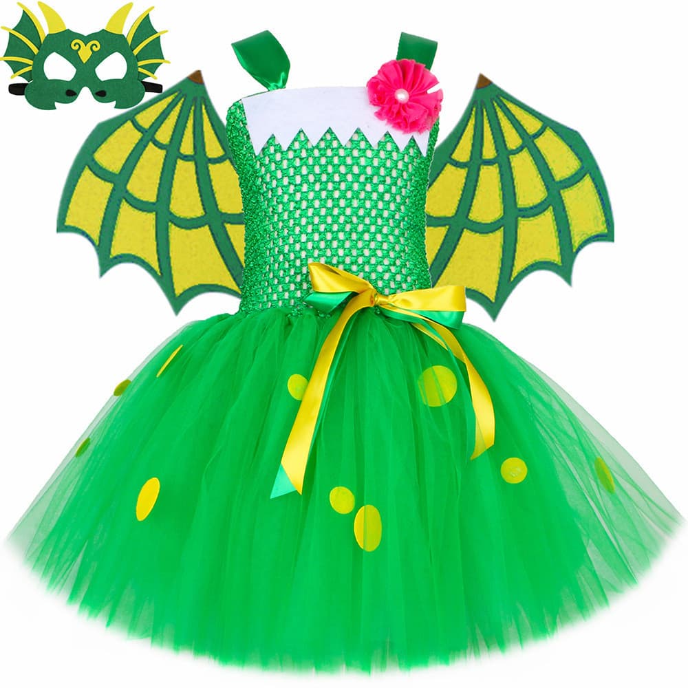 Crianças cavaleiro dragão terno dinossauro verde traje vestido meninas saia de gaze