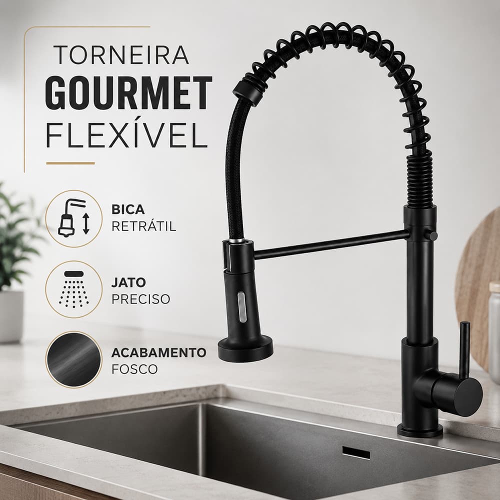 Torneira Gourmet Preta Cozinha Mola Flexível Jato Único Bica Móvel Água Fria Pia Cuba Moderna