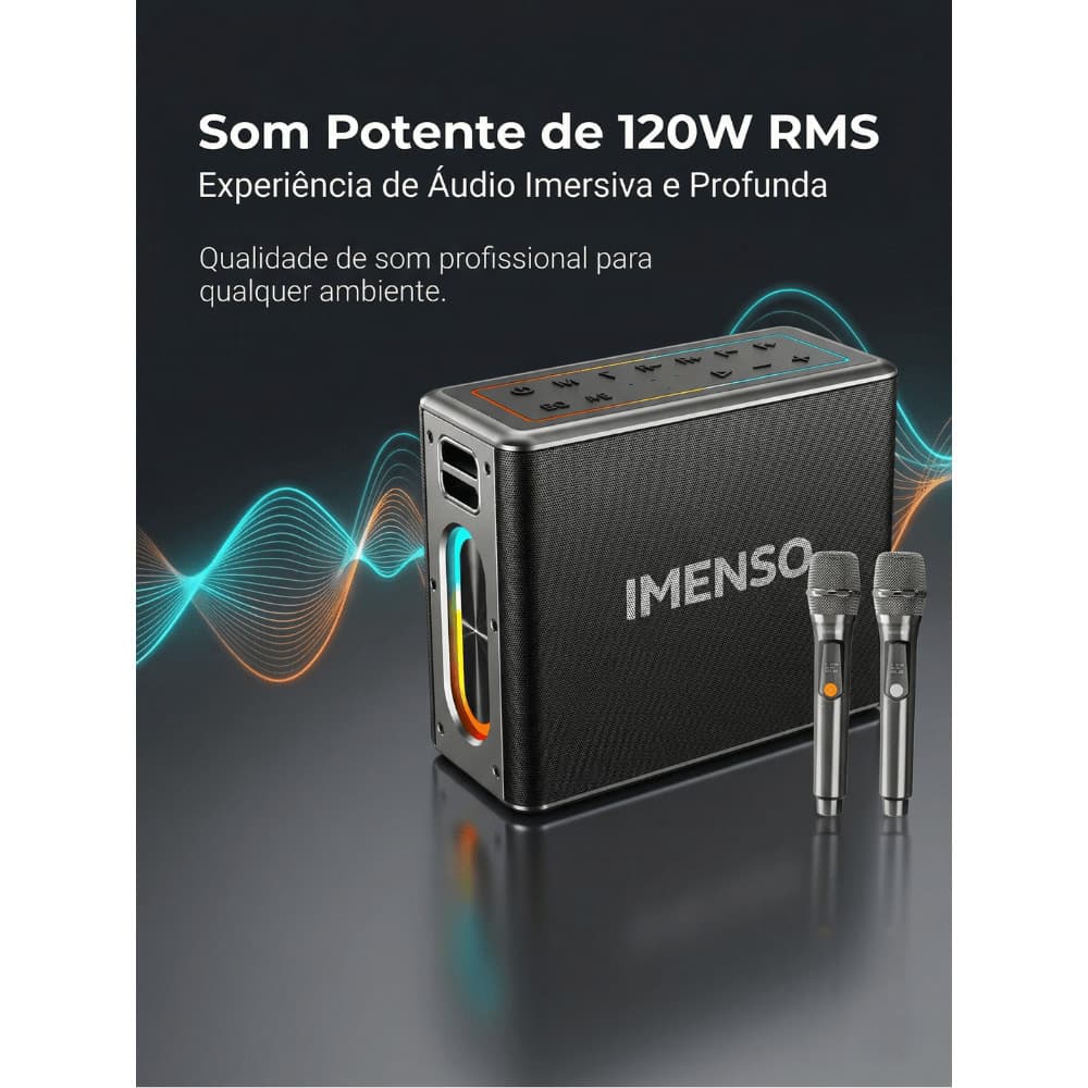 Caixa de Som Bluetooth 120W RMS | 12000mAh, 4 Drivers, 2 Microfones UHF, IPX4, RGB e TWS | IMENSO