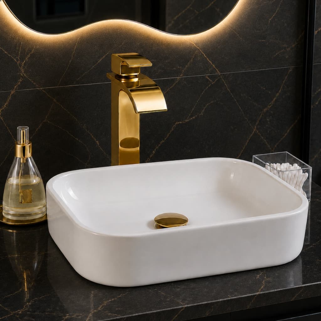 *PROMOÇÃO* Cuba de Apoio para Banheiro Oxford 37cm Pia de Sobrepor Branca Retangular Lavabo Mármore Sintético