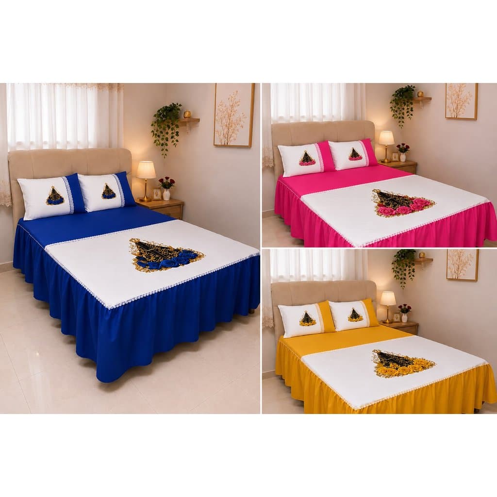 Kit Colcha Casal Nossa Senhora Aparecida Marrom Bordada 3 Peças Cobre Leito com Fronhas