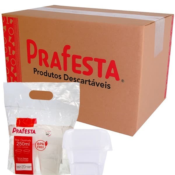 POTE QUADRADO 250ML COM TAMPA PRAFESTA – 12X20 (240 UNID) – POTE PLÁSTICO DESCARTÁVEL PARA ALIMENTOS
