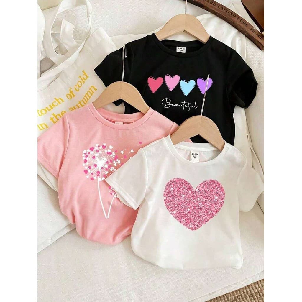 Kit 3 camisetas infantil e juvenil estampada corações e love para meninas camisa 100% algodão manga curta