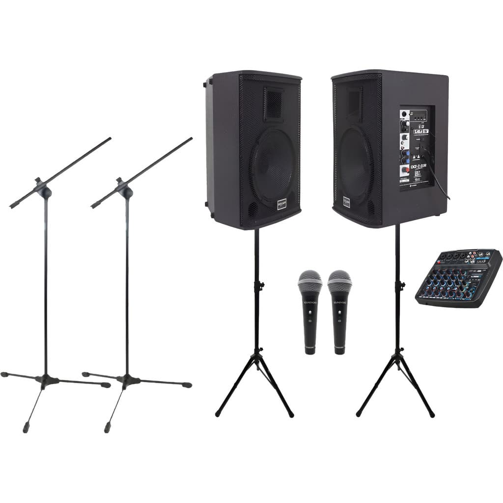 Kit Caixa Saga 10 Mesa 4 Canais Bt Microfones Pedestais Cabo