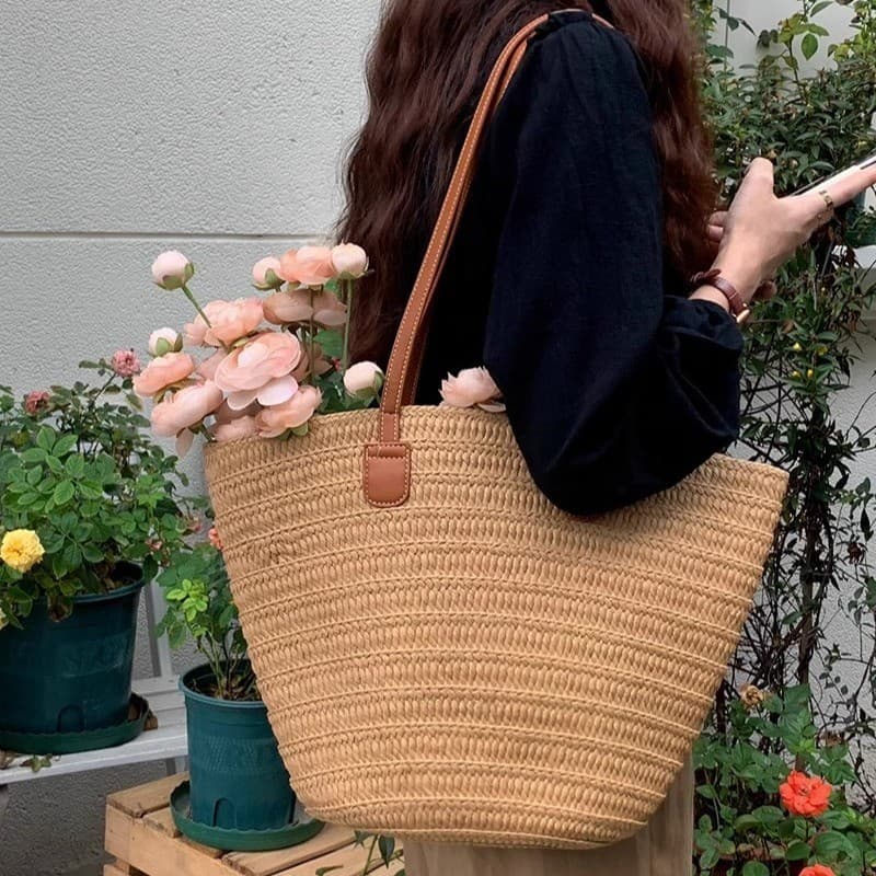 Bolsa de Palha Feminina Verão Praia Grande Capacidade Ombro Mão