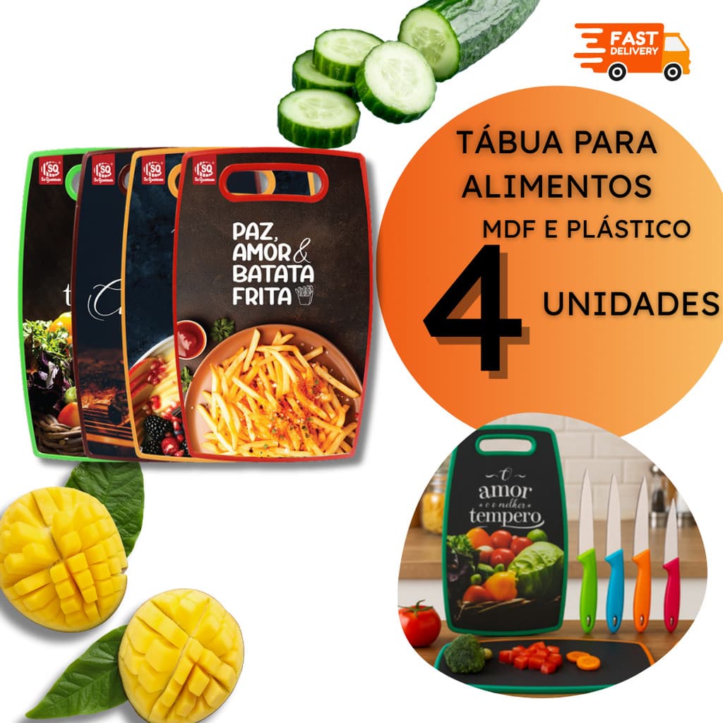 2, 4 ou 10 Tábuas de Cozinha Tábua Corte Plástico e MDF Coloridas Carne Legumes Verduras