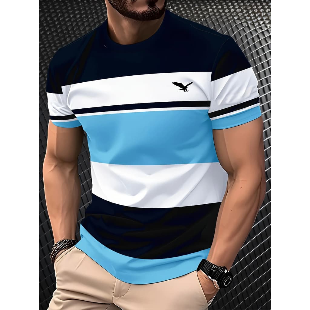 Camiseta Masculina Oversized Verão Ao Ar Livre Casual Em Torno Do Pescoço Manga Curta Topo Listrado Estilo Impresso Over