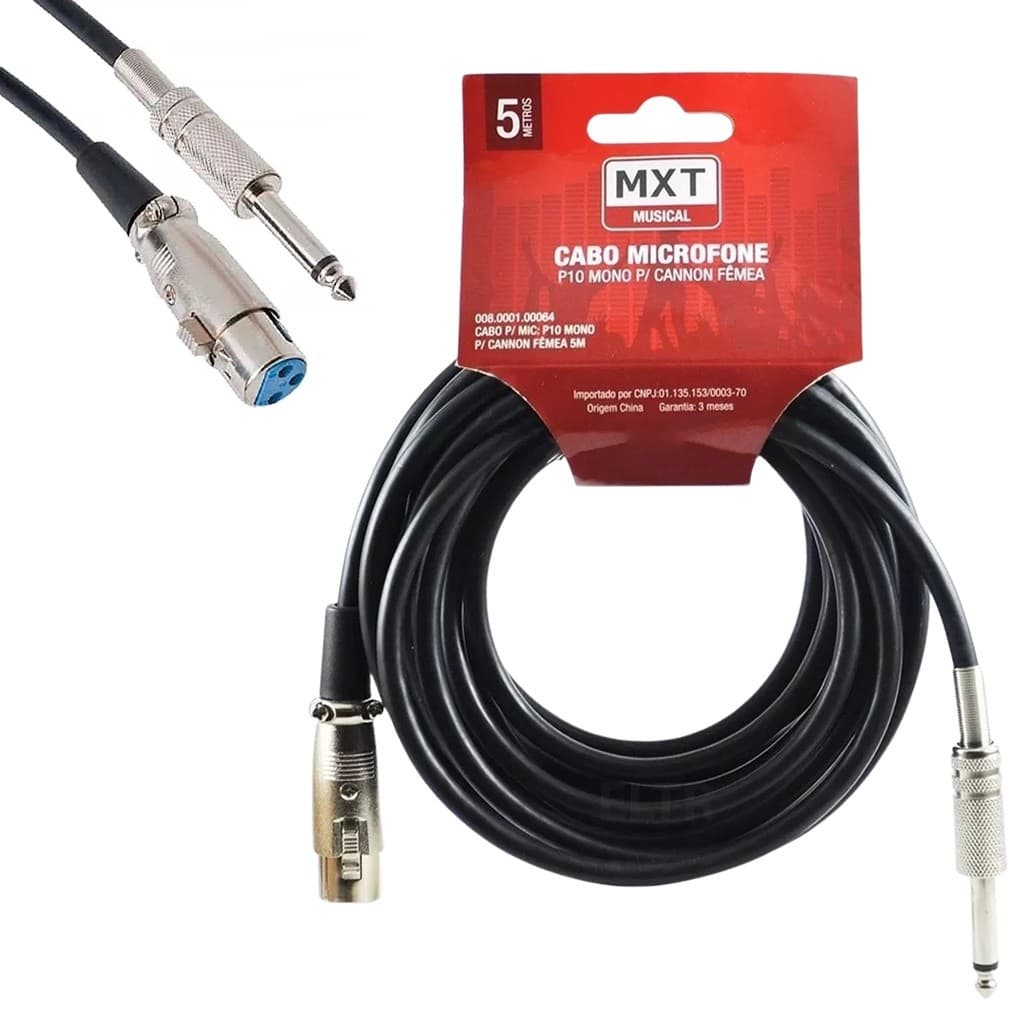 Cabo De Microfone P10 Mono Para Xlr Canon Fêmea 5 Metros Mesa som Amplificador Profissional Mxt
