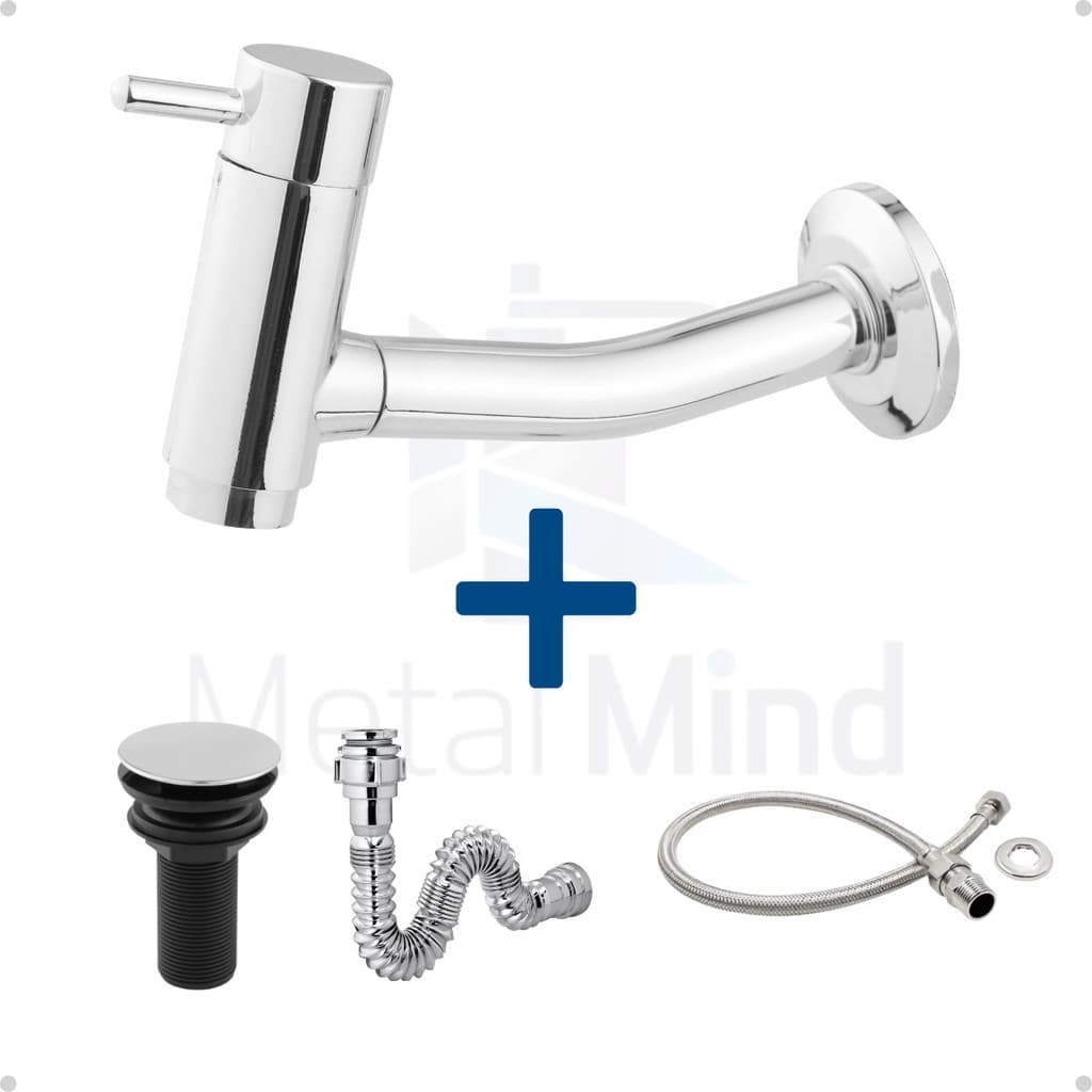 Kit Banheiro em ABS Cromado -Torneira Link 18 Parede, Válvula Click, Engate Flexível e Sifão Cromado