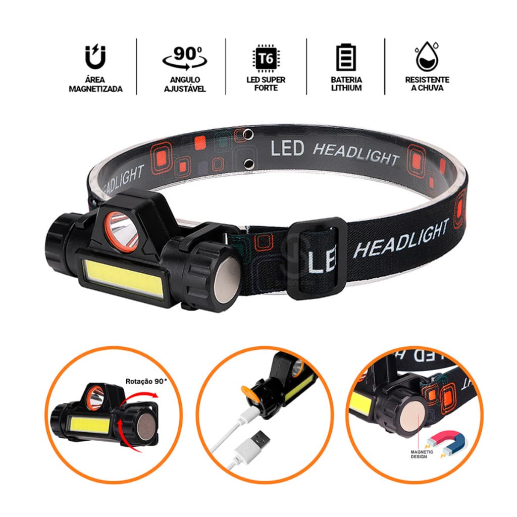 Lanterna Cabeça Recarregável LED T6 + 1 LED COB LE-399 Ajustável