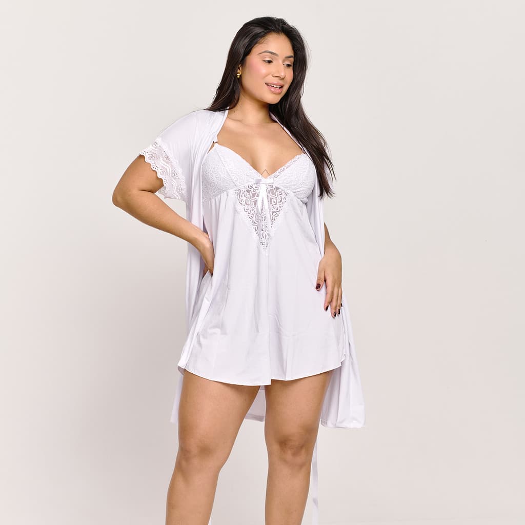 Kit com Robe Kimono mais Camisola Sensual sem Bojo Microfibra e Renda | 845.811