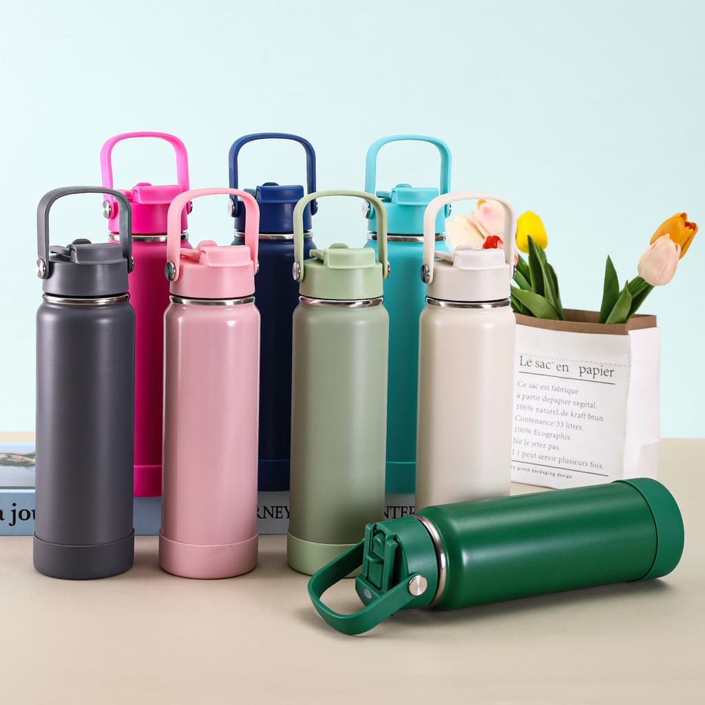 Garrafa Térmica Inox 800ml 600ml 350ml Com Canudo Bico alça de transporte + CAPA DE SILICONE
